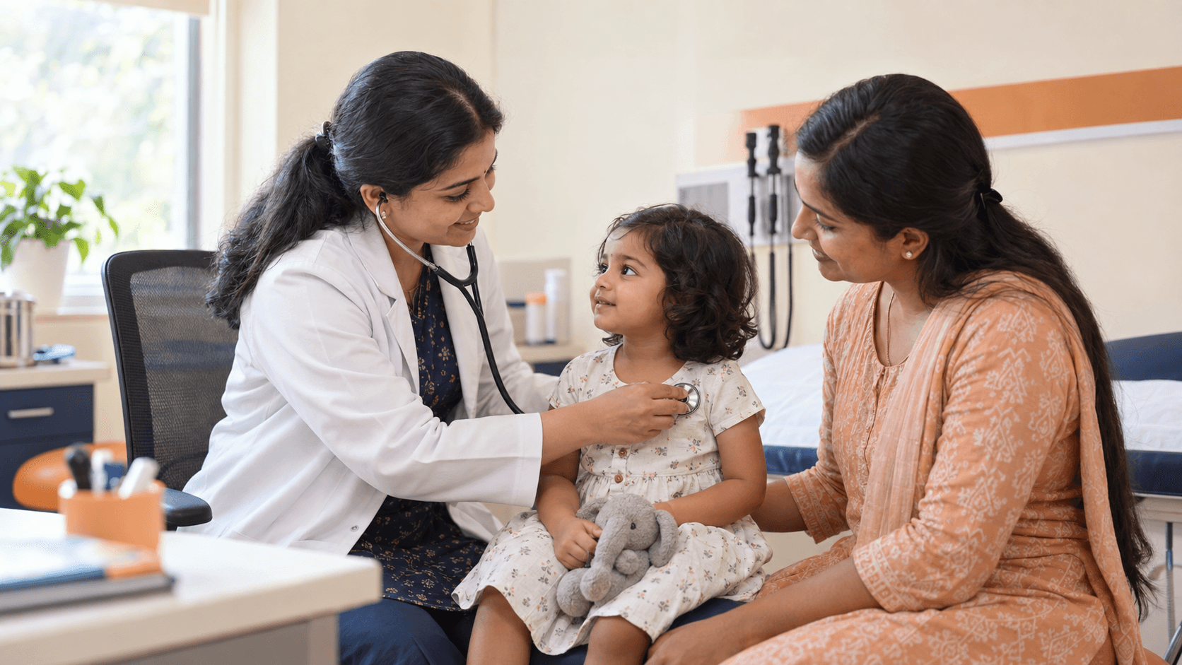 Paediatrician consulting with an Indian child and parent
