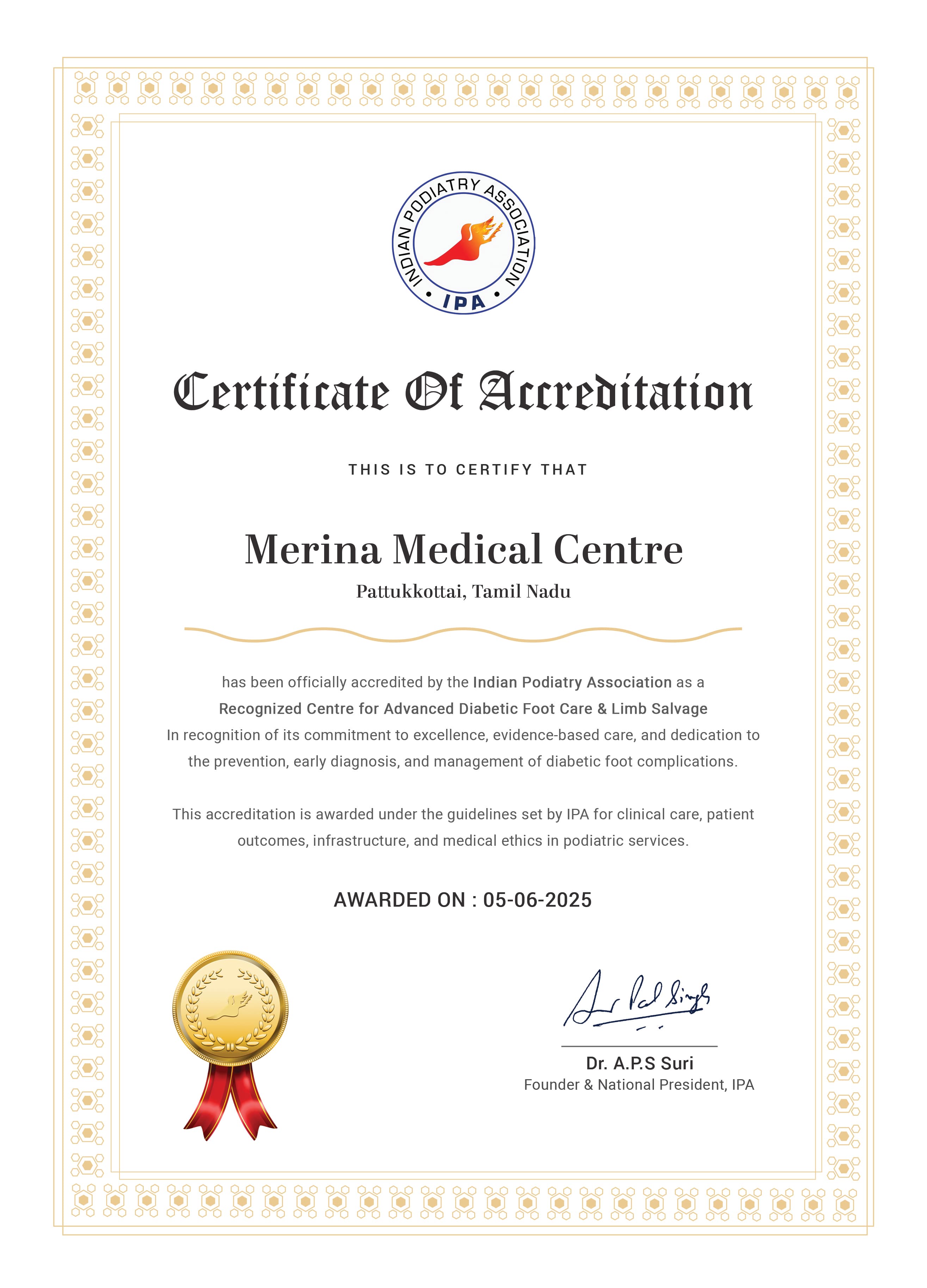 IPA Certificate of Accreditation awarded to Merina Medical Centre on 05 June 2025