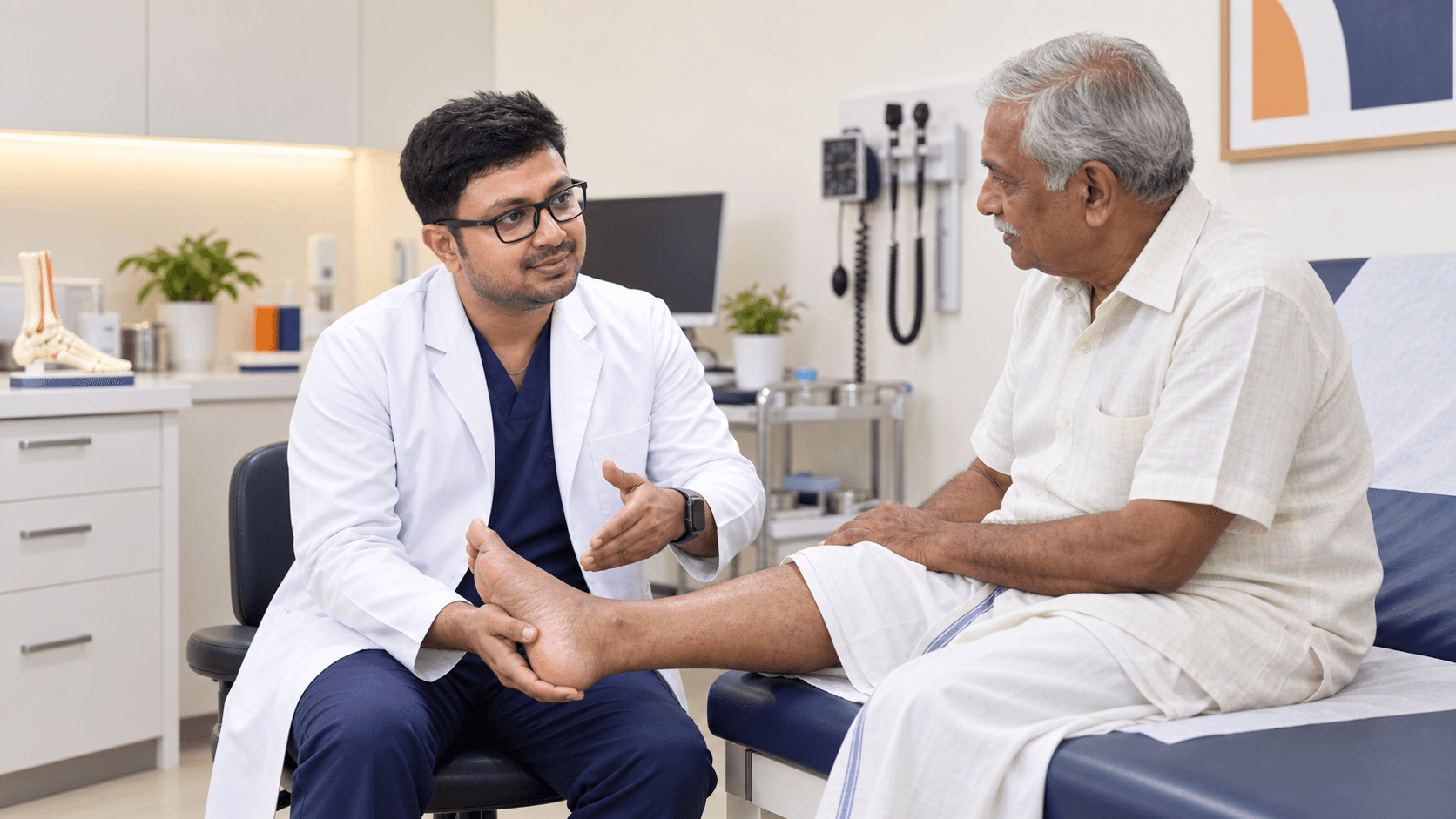 Dr. Nirupan assessing an elderly patient’s foot in a podiatry consultation