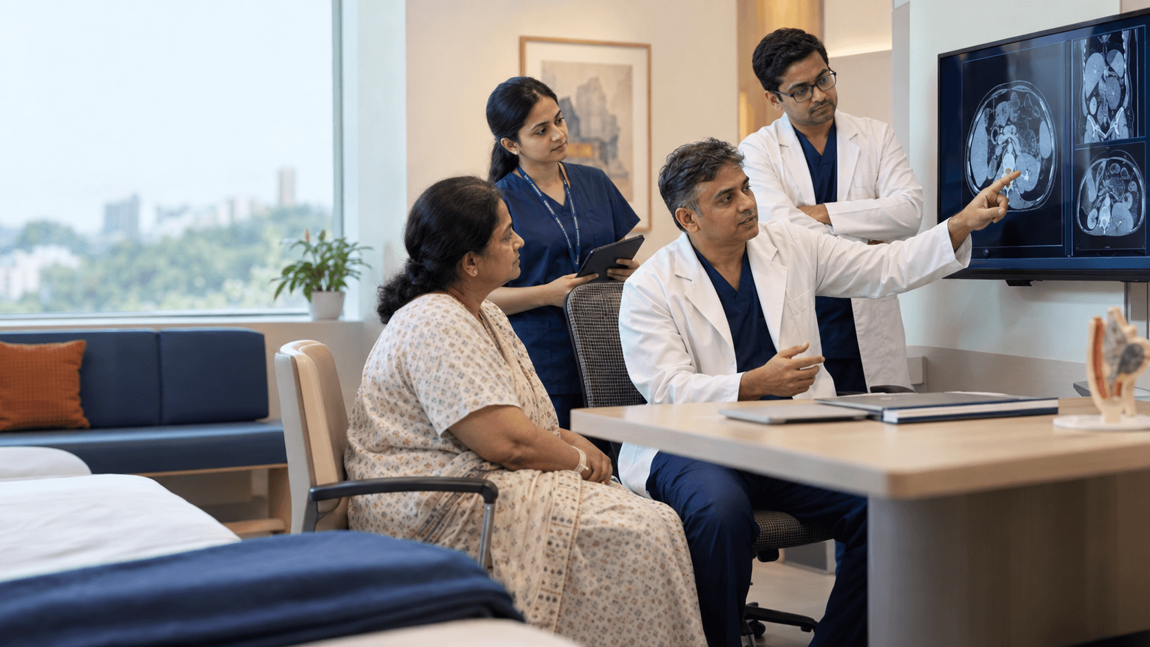 Surgical oncology team discussing a patient case