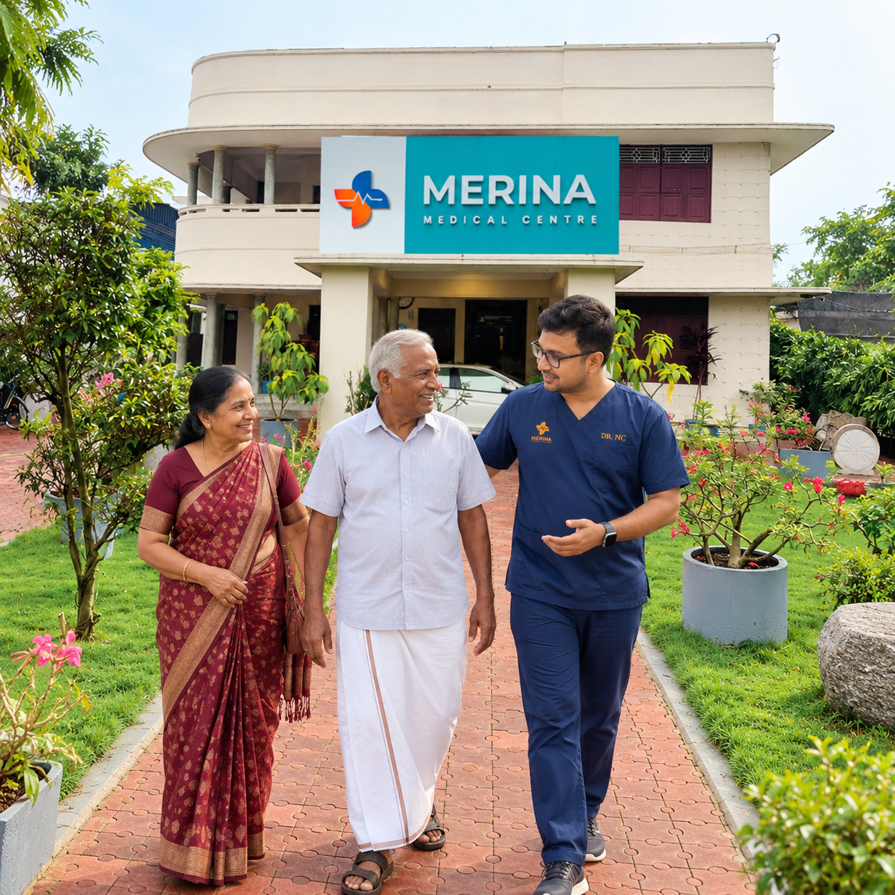 Merina Medical Centre doctor walking with an older couple outside the hospital