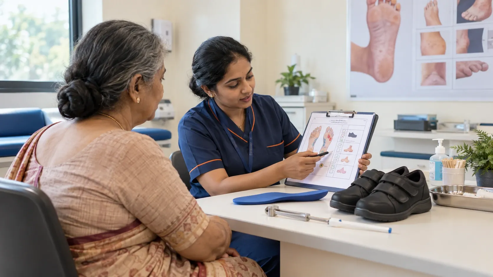 A clinician carrying out a careful diabetic foot-risk assessment in a bright clinical setting.