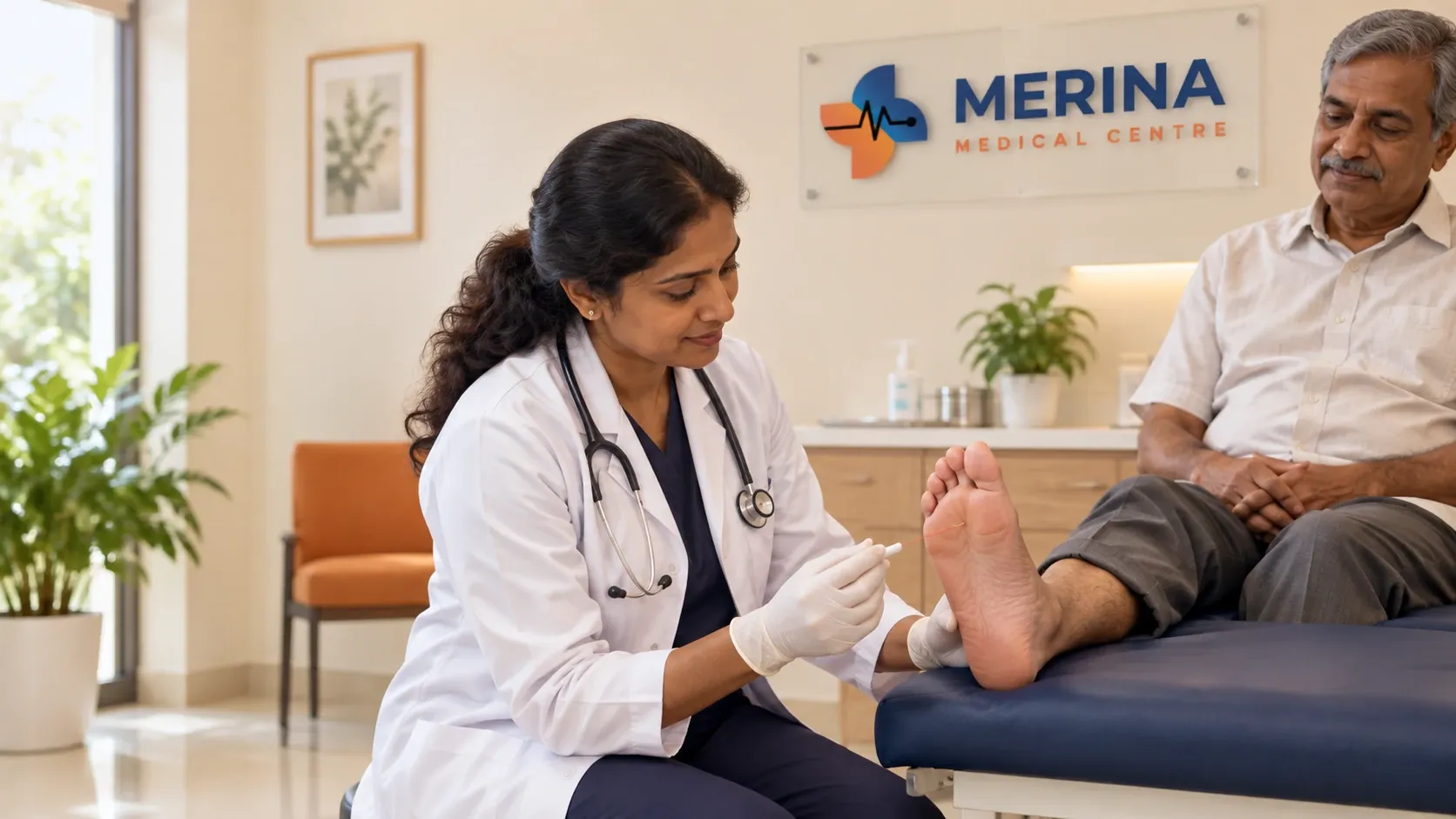A clinician checking sensation and foot health during a diabetic neuropathy assessment.