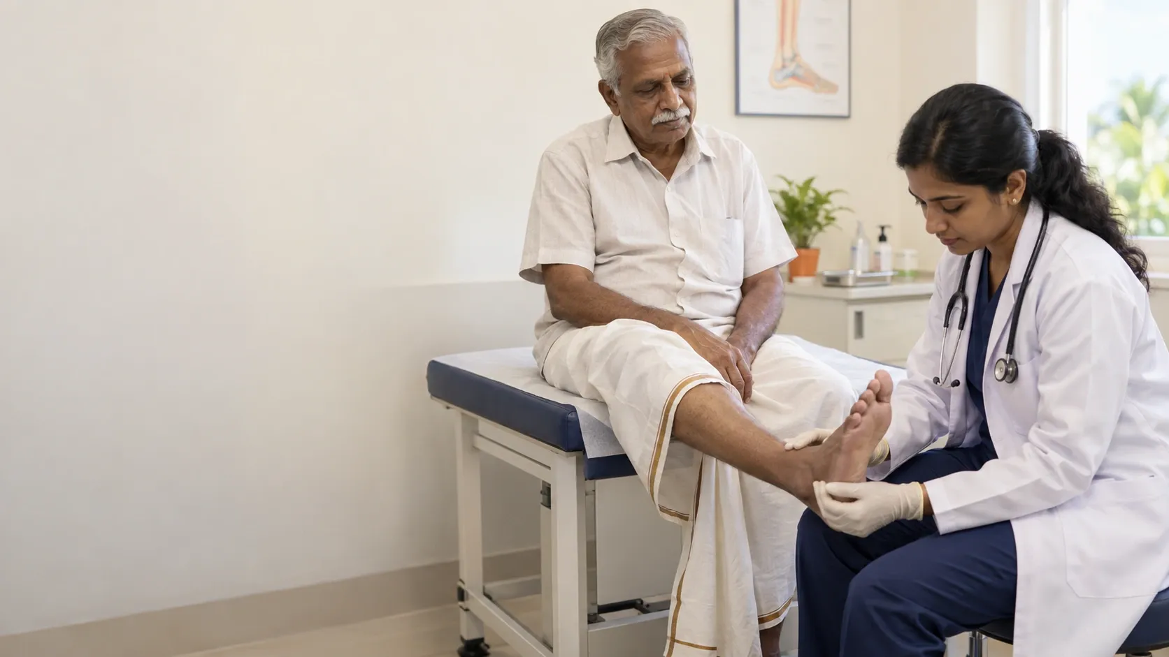 A clinician assessing a diabetic foot wound with the patient in a clean medical consultation room.