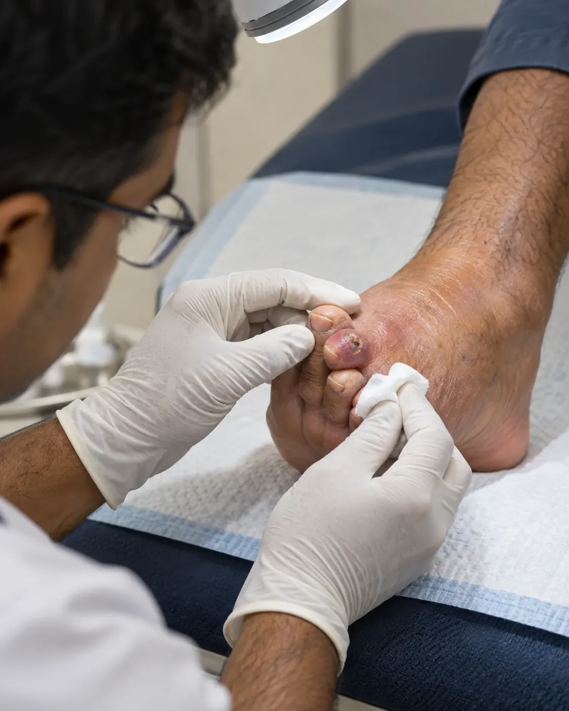 A close clinical assessment of redness and swelling around a diabetic foot wound.
