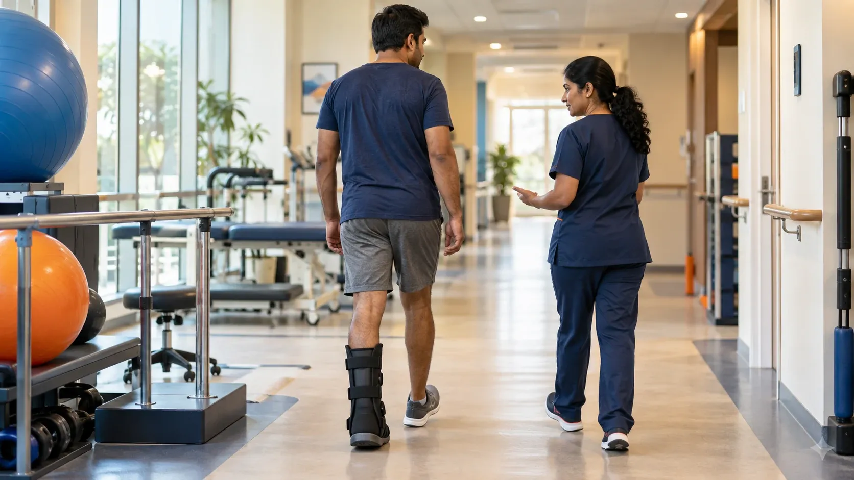 A clinician discussing pressure relief and offloading as part of a diabetic foot ulcer care plan.